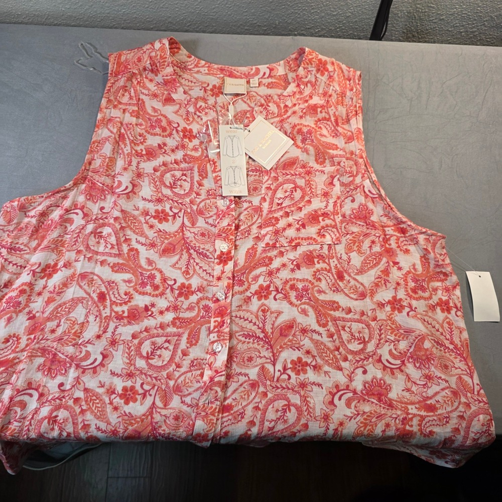 Zac & Rachel Womens 3X Pink Orange Paisley Sleeveless Button Down Blouse NWT